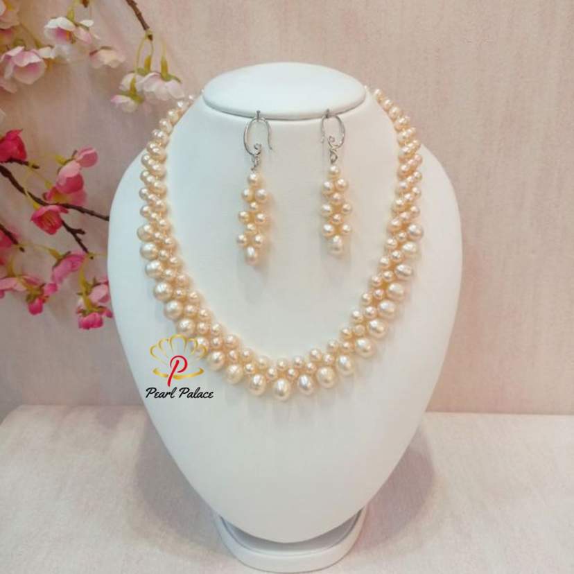 "Blossom Lattice" Pink Freshwater Pearl Necklace Set. — 2