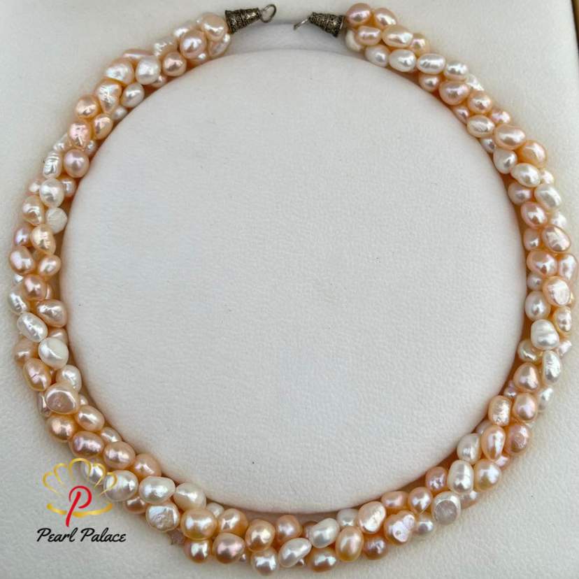 "Dawn Blush" 3 Layer Pearl Twist Necklace. — 2
