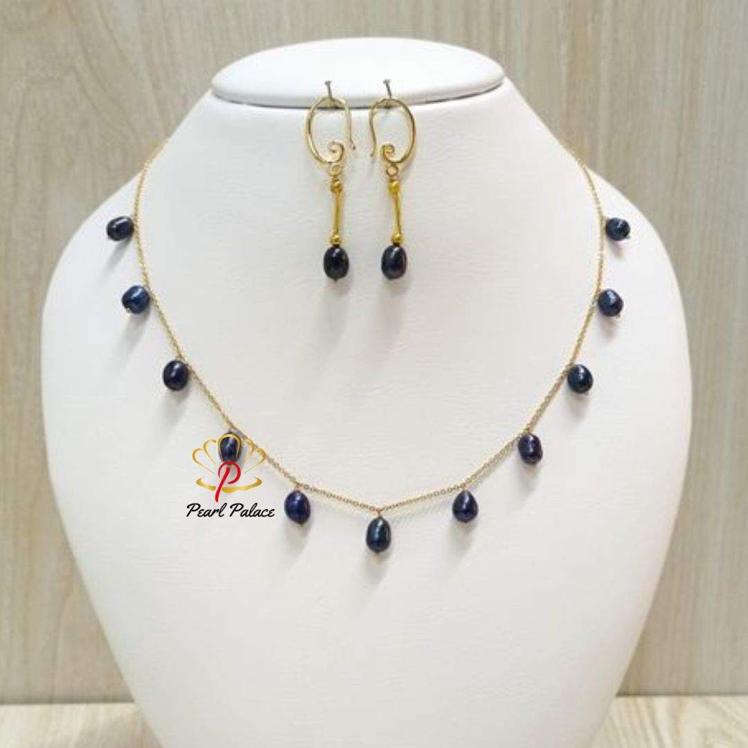 18K Gold Plated Handmade Black Pearl Chain Link Necklace with Earrings