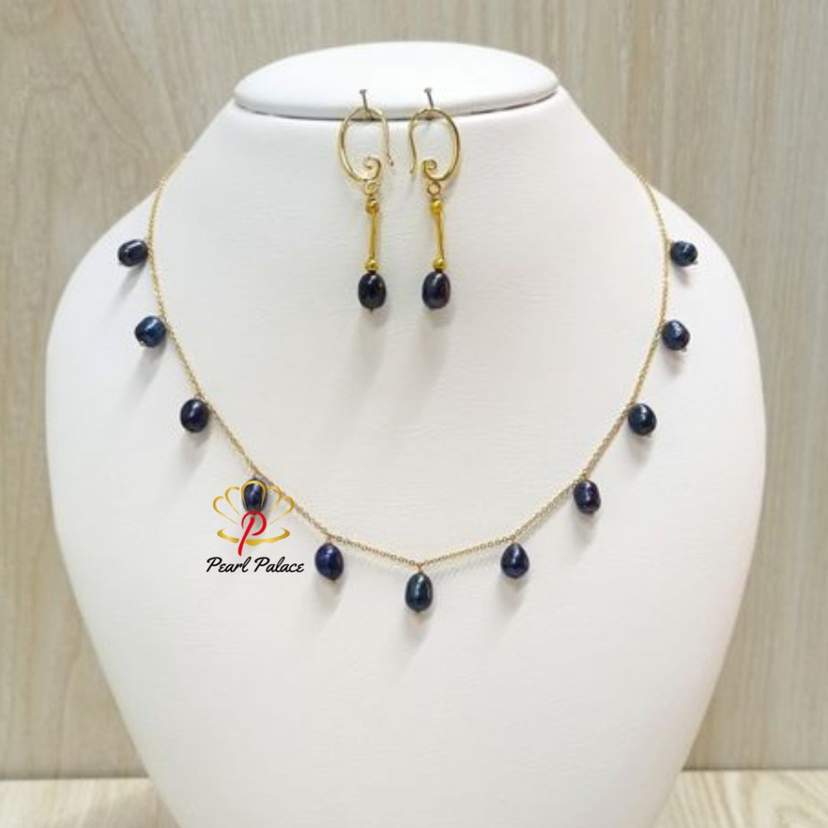 18K Gold Plated Handmade Black Pearl Chain Link Necklace with Earrings — 2