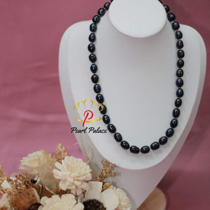 Black Rice Pearl Necklace (9-10mm) — 2
