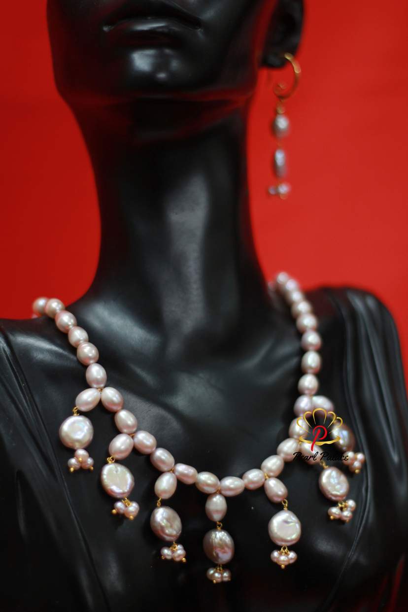 Coin Pearl & Rice Pearl Purple Necklace Set with Matching Earrings — 2