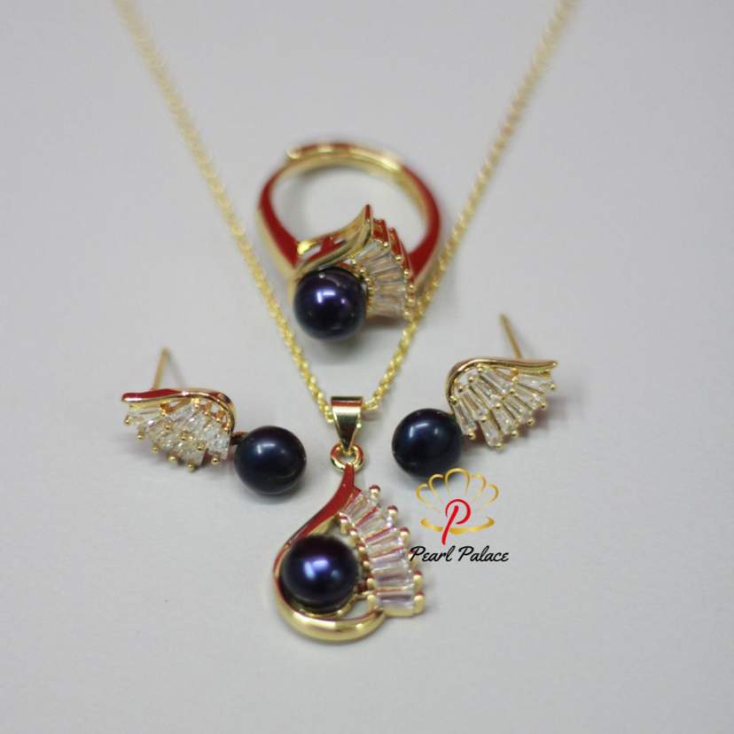 Pink & Black Pearl Pendent Set — 2