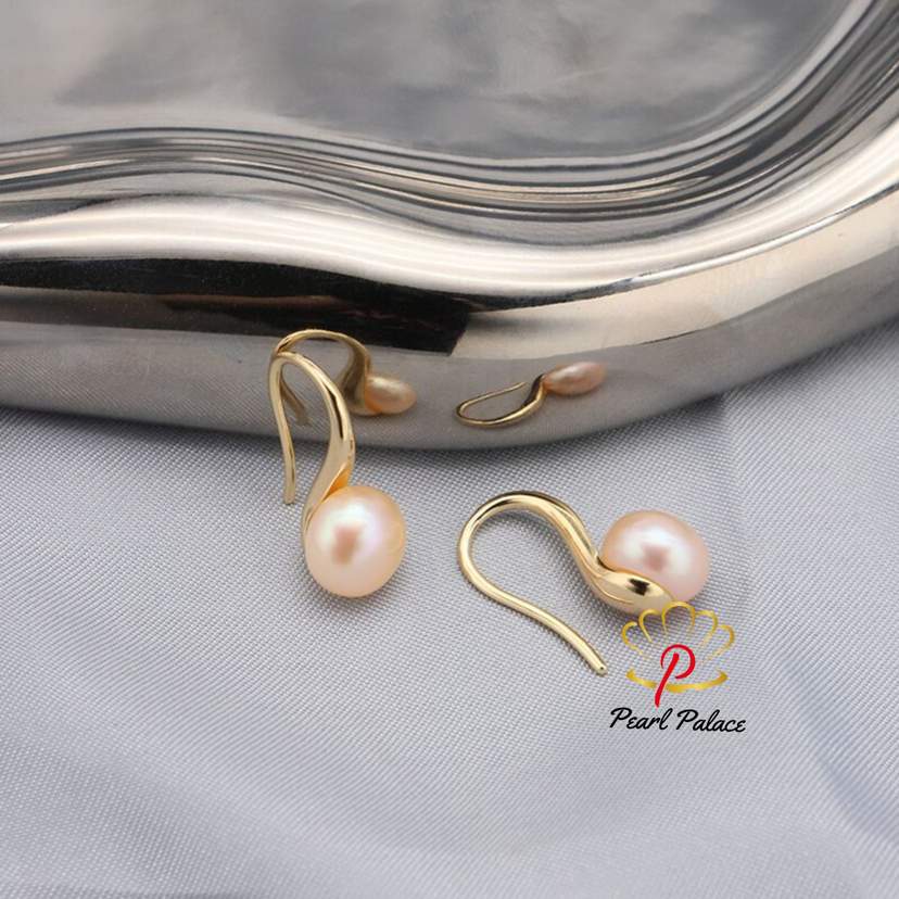 pink 9-10mm Large natural freshwater pearl earrings for women, 925 silver jewelry. — 2