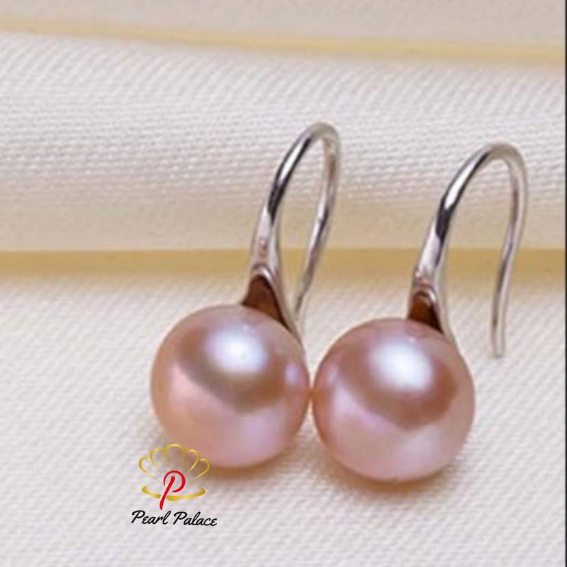 purple 9-10mm Large natural freshwater pearl earrings for women, 925 silver jewelry. — 2