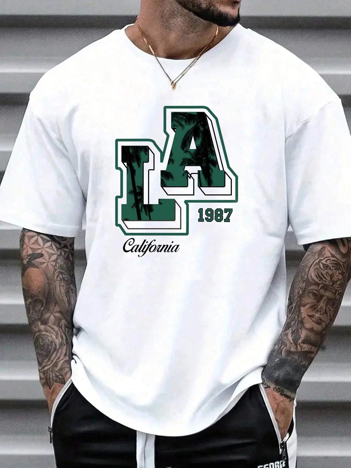 Drop Shoulder Print T-Shirt - LA - White